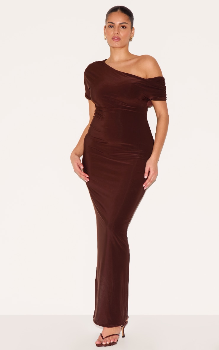 Plus Dark Chocolate Double Layer Slinky Asymmetric Ruched Sleeve Maxi Dress image 3