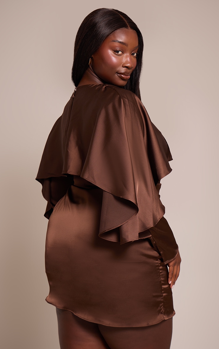 Plus Dark Chocolate Satin Overlay Cape Detail Bodycon Dress image 2