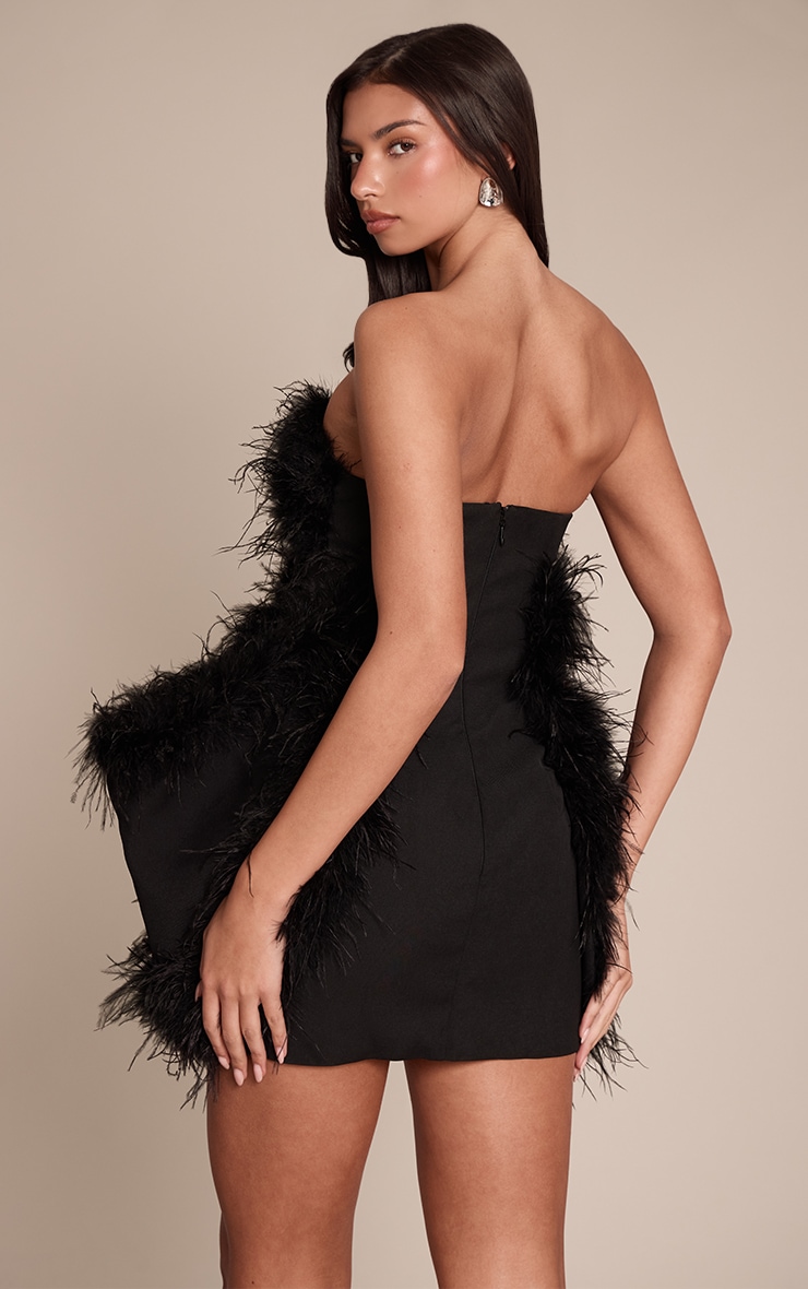 Premium Black Feather Trim Hip Detail Bandeau Bodycon Dress image 2