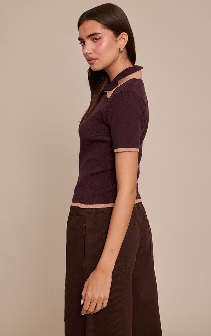 Brown Double Layer Knitted Polo Top  image 2