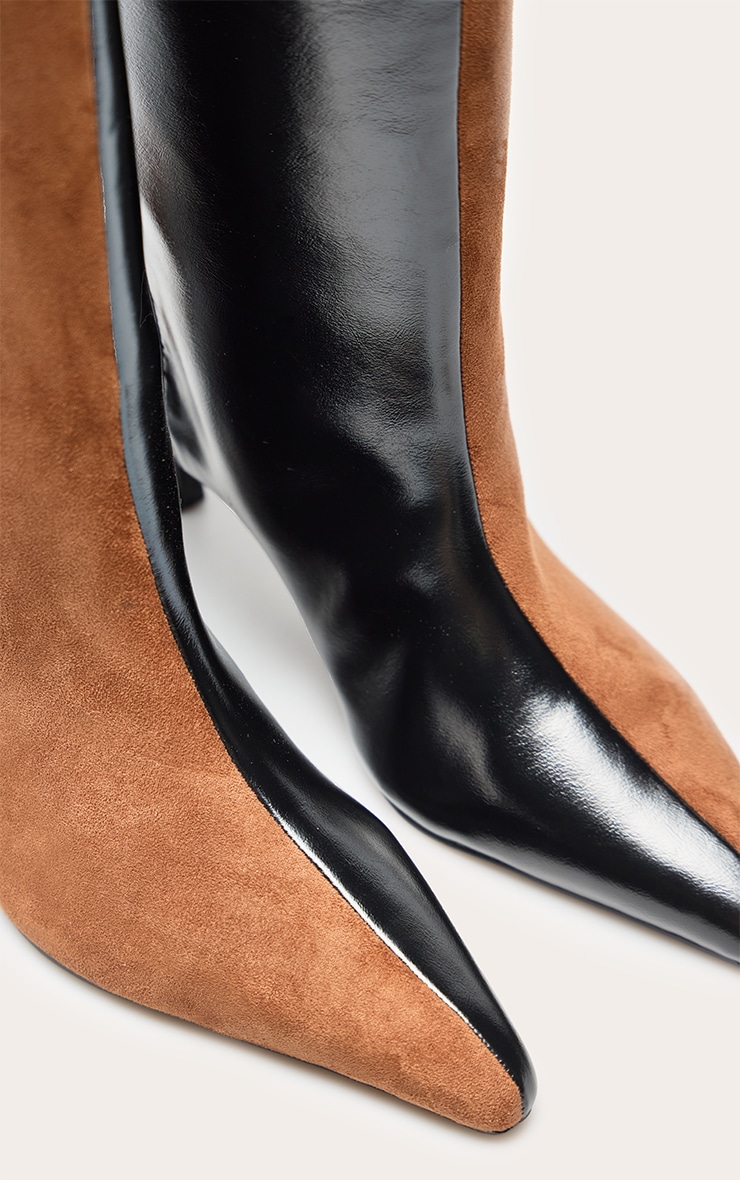 Black PU Tan Suede Contrast Heeled Knee High Boot image 5