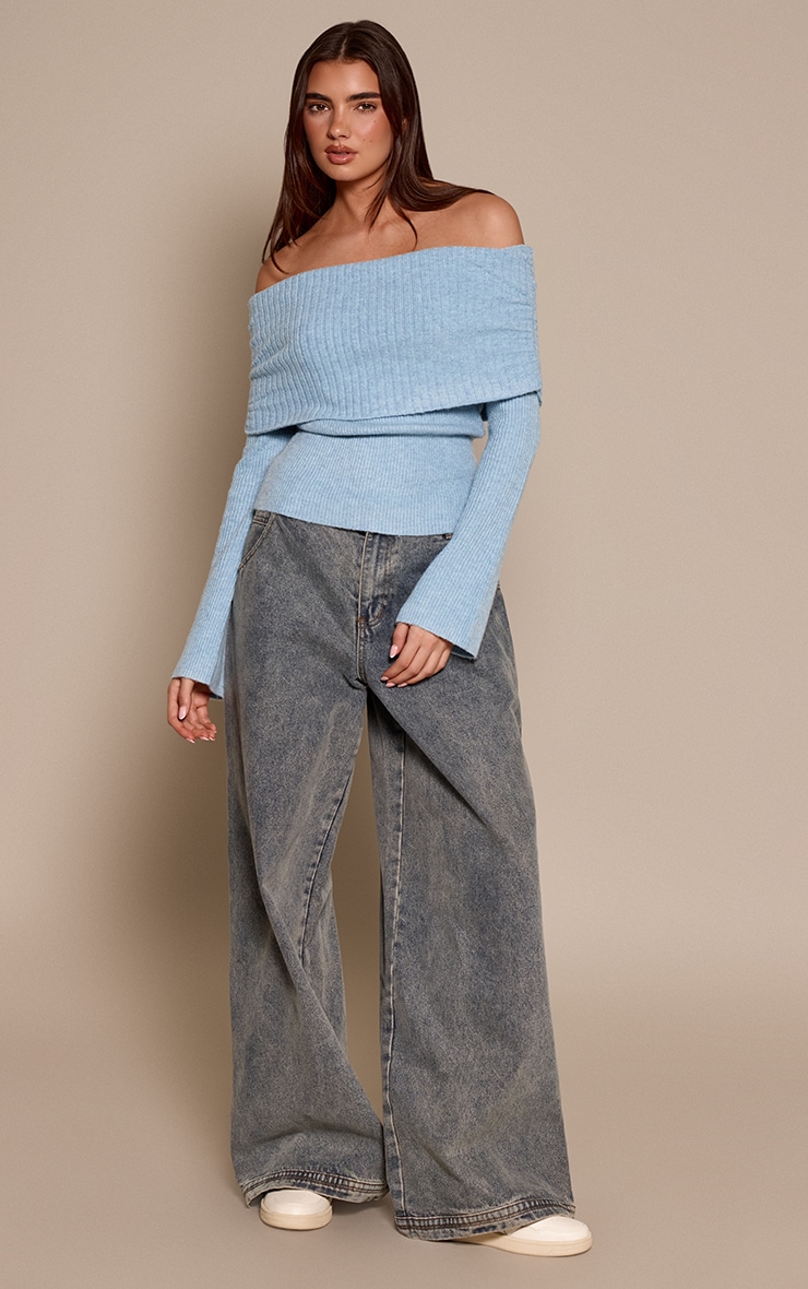 Powder Blue Foldover Bardot Knitted Sweater  image 3