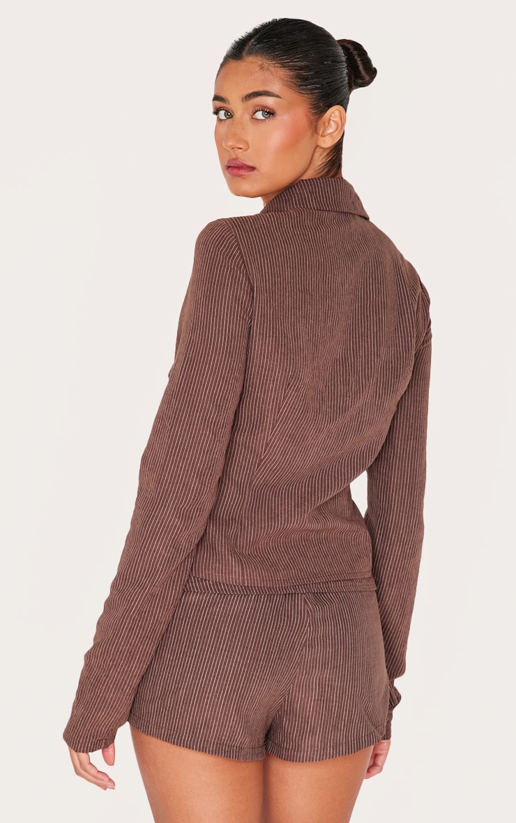 Dark Brown Peach Skin Pinstripe Woven Long Sleeve Cargo Shirt image 2
