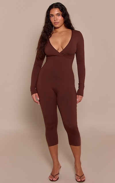 Shape Chocolate Sculpt Long sleeve wrap V neck Capri Jumpsuit