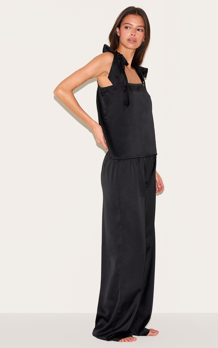 Black Satin Ribbon Tie Cami Long Pj Set image 3