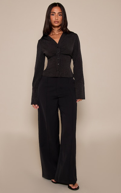 Petite Black Seam Front Wide Leg Tailored Trousers