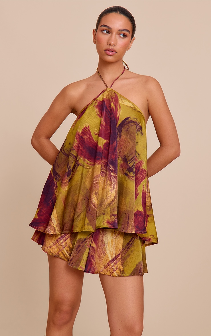Olive Abstract Print Satin Floaty Shorts image 1