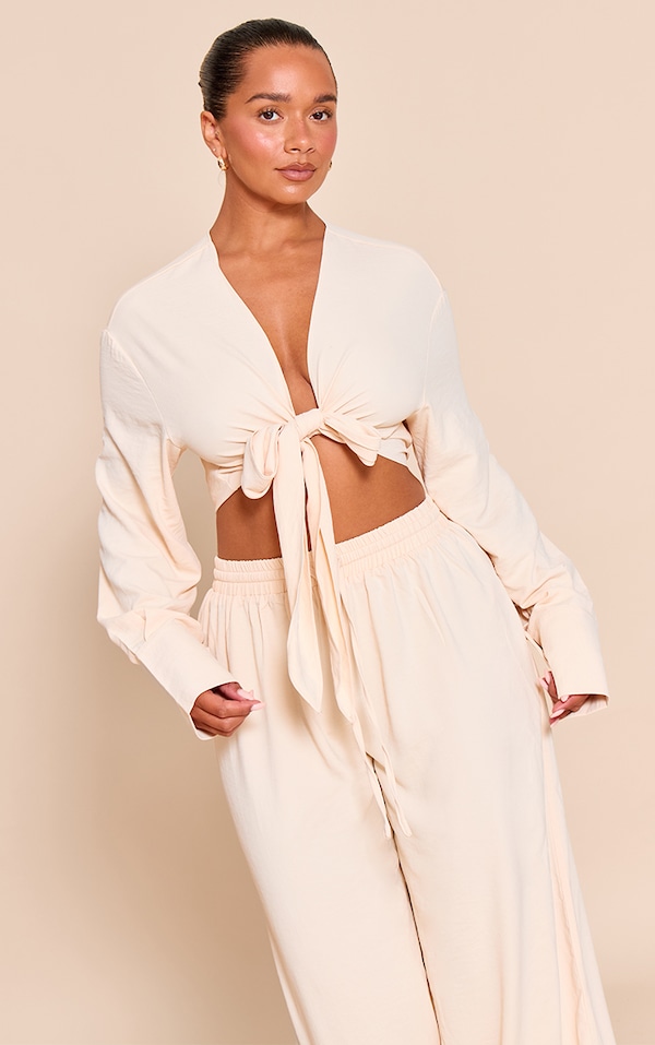 Shape Butter Cream Hammered Satin Front Tie Shirt