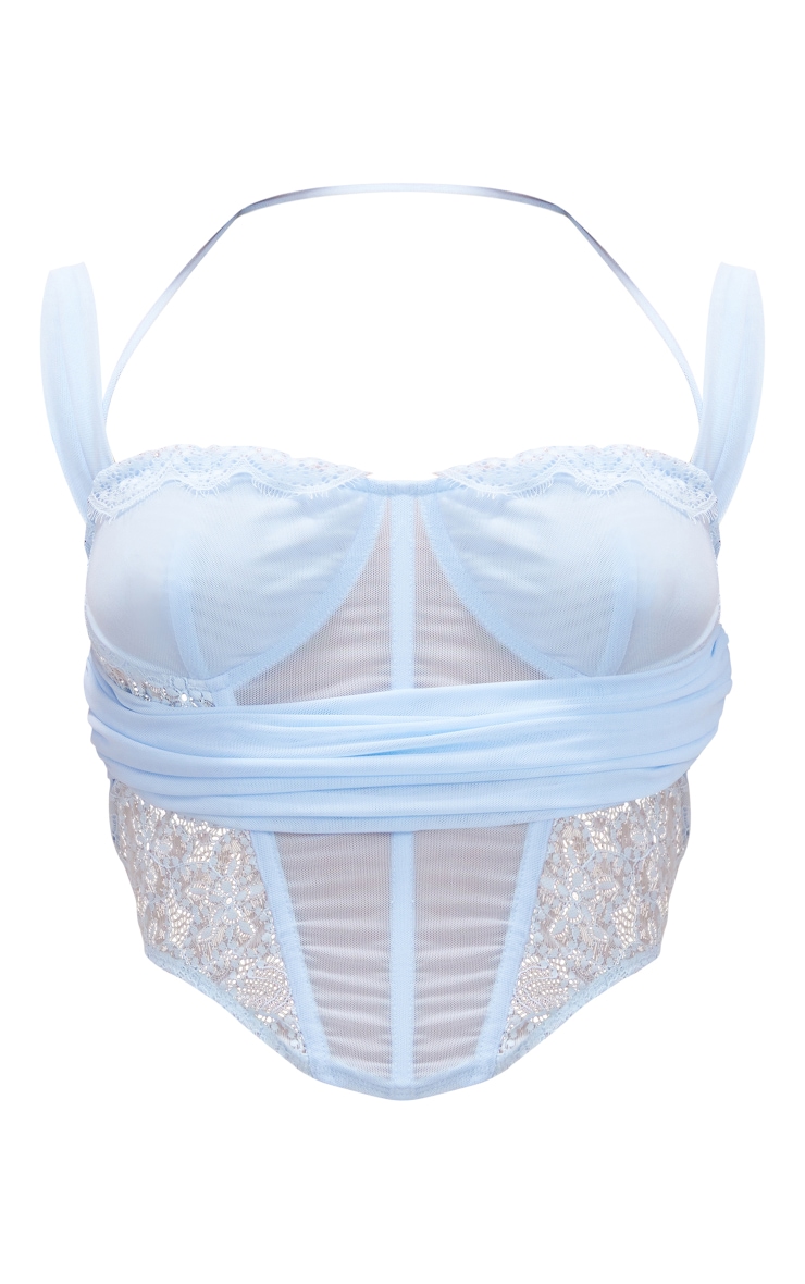 Baby Blue Mesh Overlay Lace Insert Boned Double Strap Corset image 5