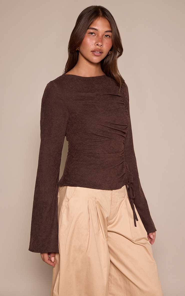 Chocolate Peachskin Ruched Front Fitted Top  image 1