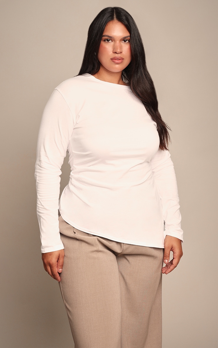Plus White Cotton Ruched Side Long Sleeve T-shirt image 1