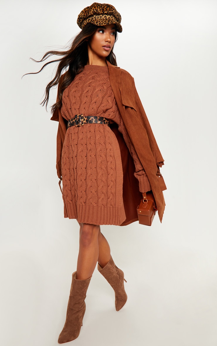 Tan Cable Detail Knitted Jumper Dress