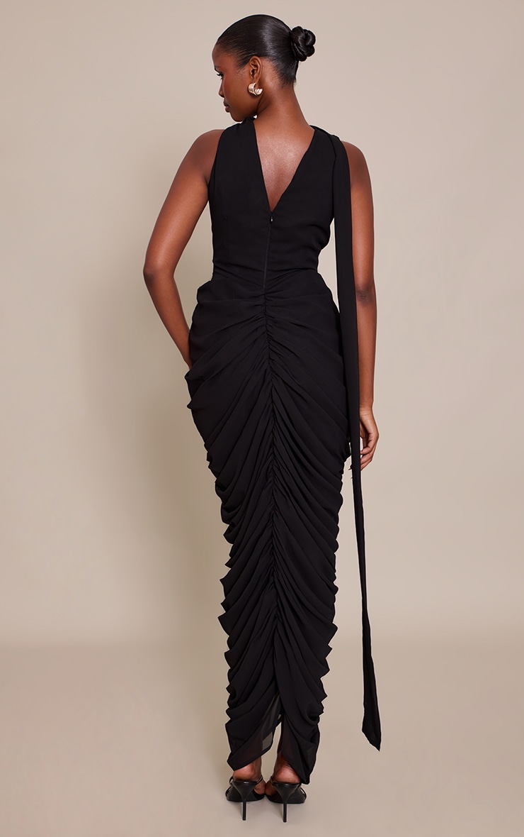Black Chiffon Scarf Detail Ruched Maxi Dress image 2