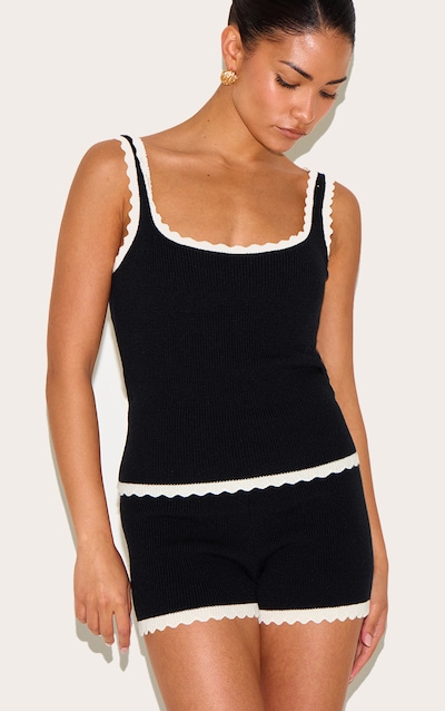 Petite Black Knitted Scallop Edge High Waisted Shorts