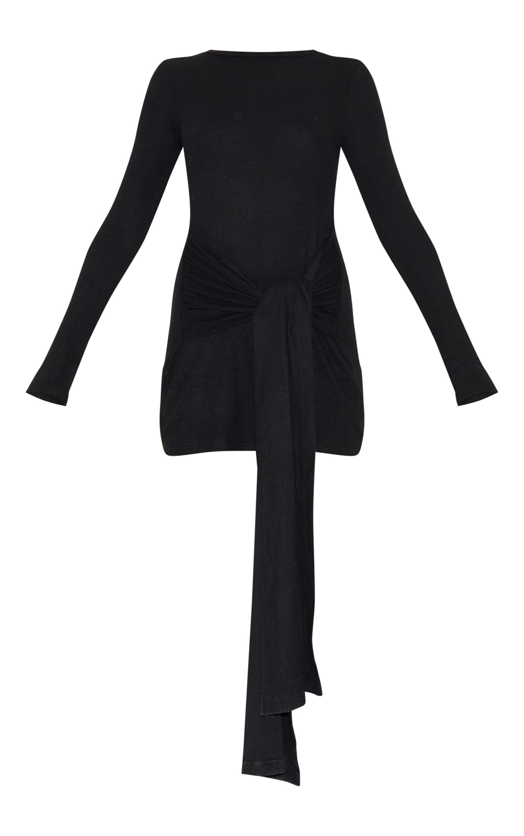 Black Heavy Brushed Rib Wrap Tie Bodycon Dress image 5