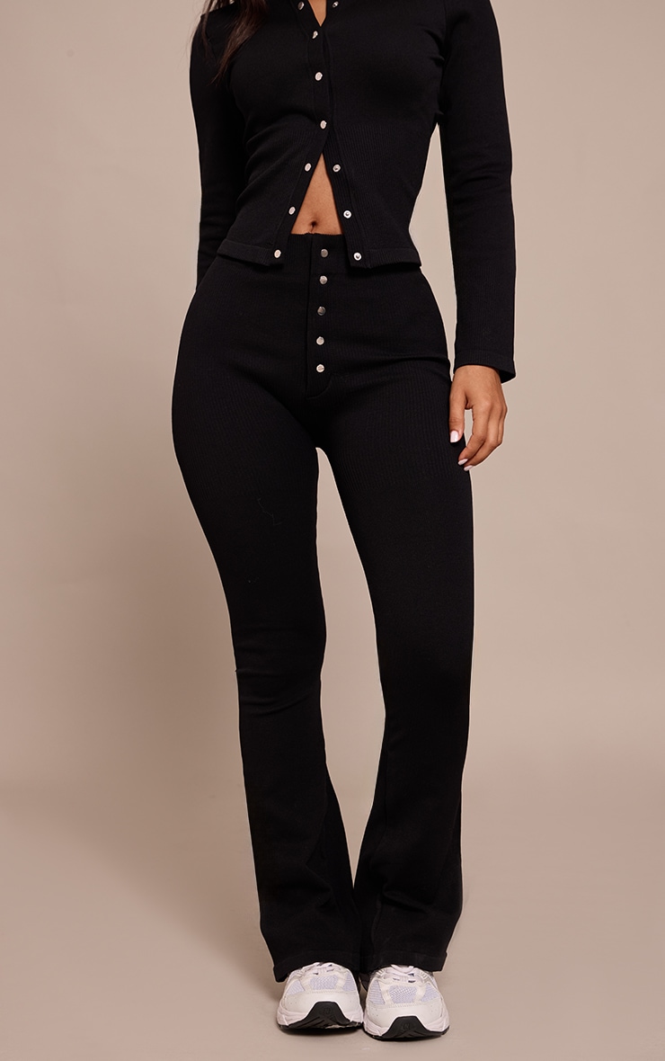 Petite Black Snatched Rib Button Detail Flare Leggings image 2