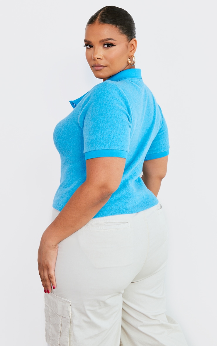 Plus Bright Blue Brushed Rib Polo Crop Top image 2