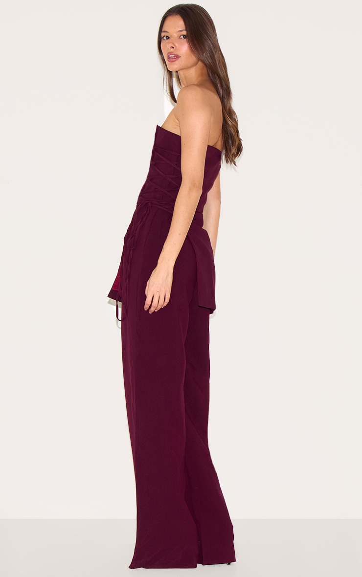 PLT Label Deep Burgundy Overlay Panel Lace Up Tailored Jumpsuit image 2