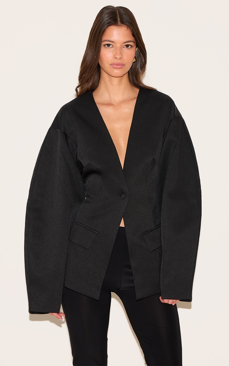 Black Cocoon Sleeve Cinched Waist Pocket Blazer image 3