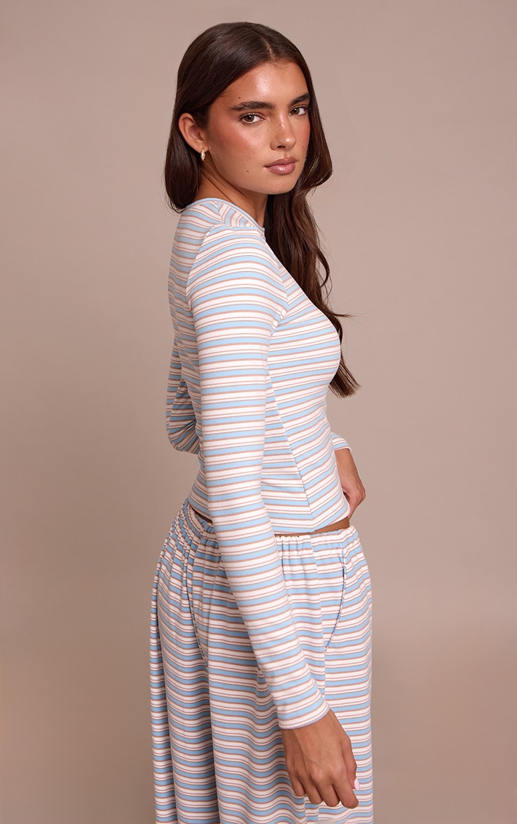 Light Blue Striped Soft Fleece Long Sleeve Top image 2