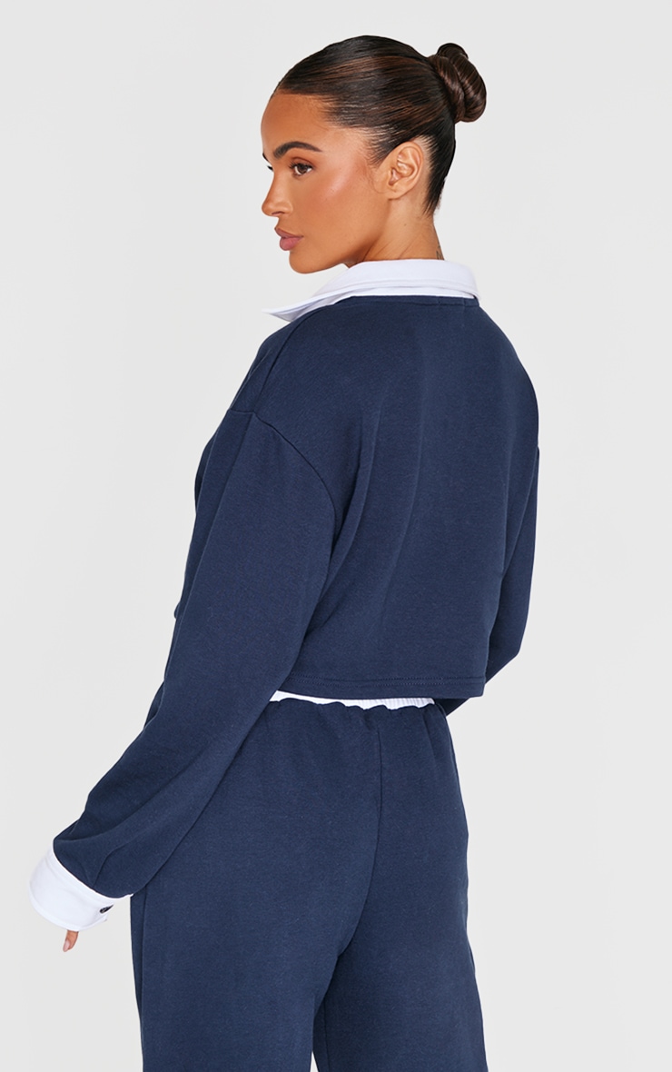 Navy Contrast Panel Collared Cropped Sweatshirt image 2