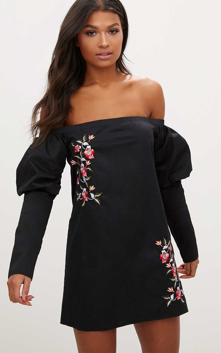 Black Embroidered Puff Sleeve Bardot Shift Dress image 1