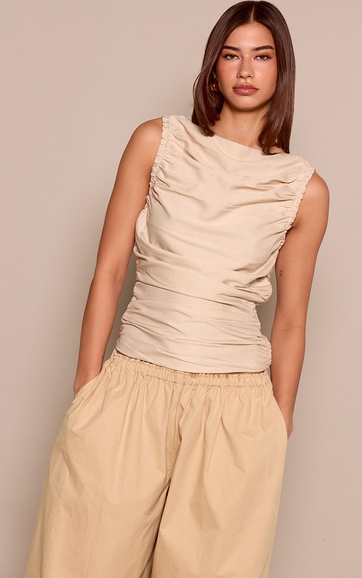 Sand Woven Sleeveless Ruched Detail Top  image 1