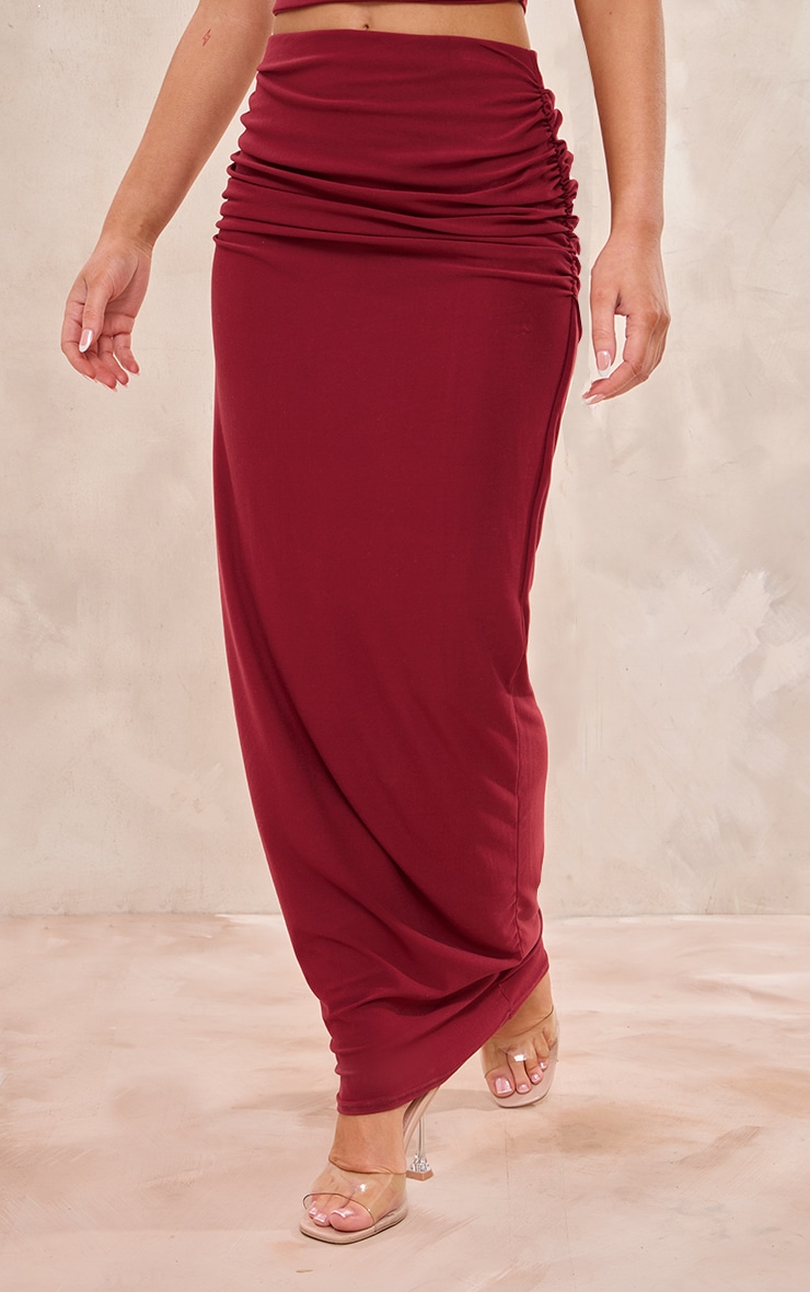 Burgundy Soft Touch Ruched Back Maxi Skirt image 2