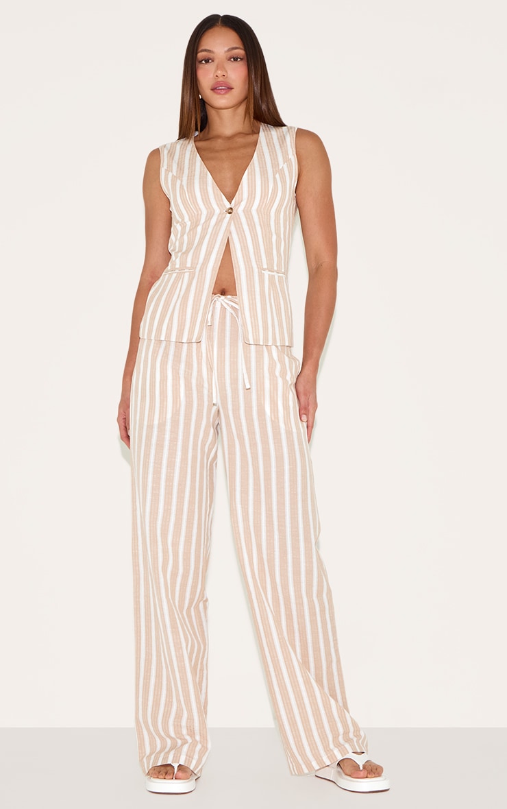 Tall Sand Linen Look Striped Drawstring Wide Pants image 1