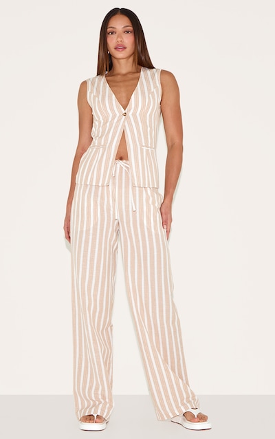 Tall Sand Linen Look Striped Drawstring Wide Pants