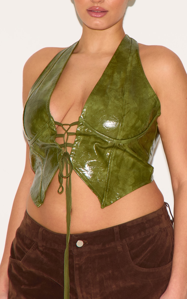 Plus Olive Washed Faux Leather Lace Up Plunge Halterneck Top image 4