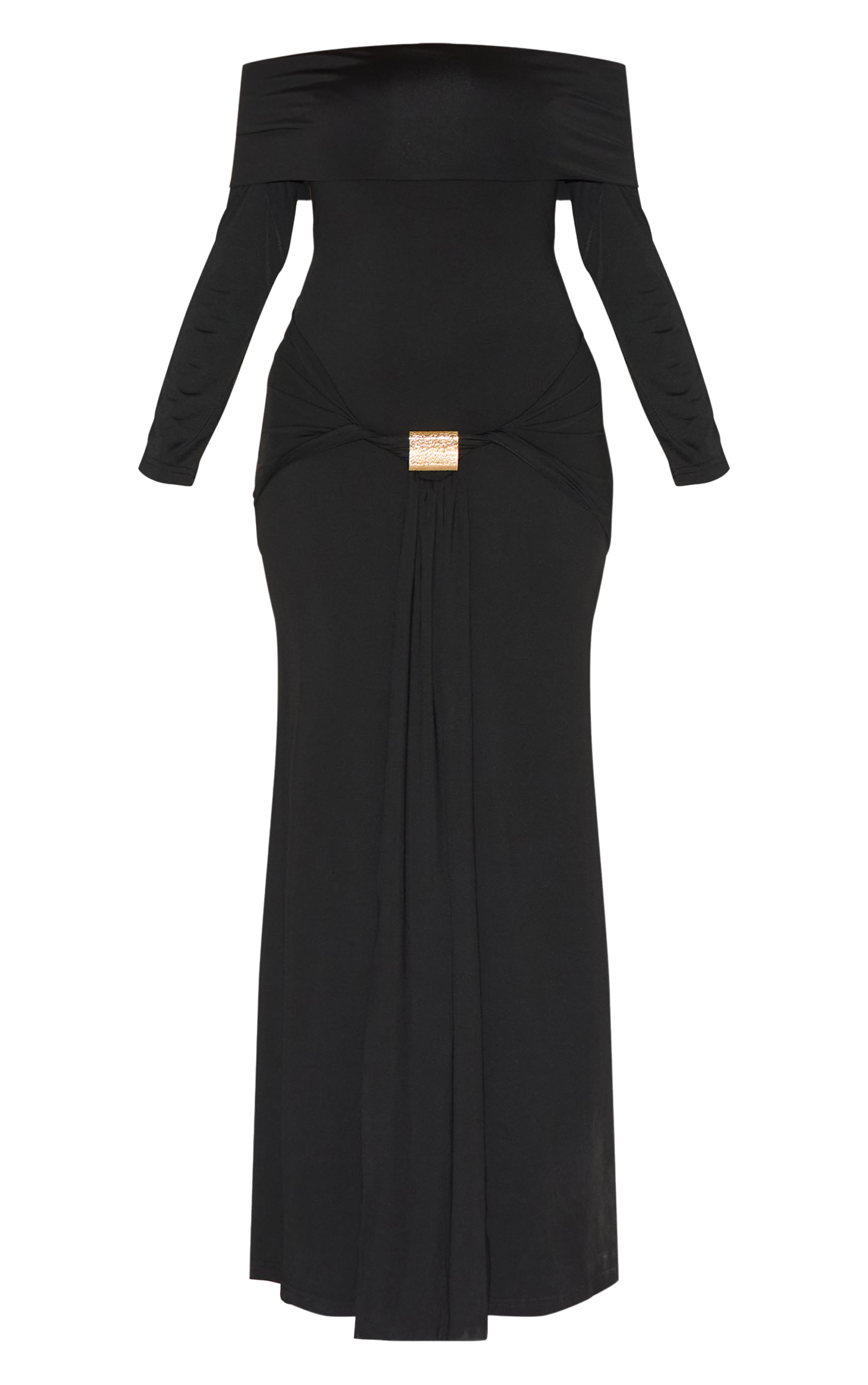 Plus Black Bardot Long Sleeve Trim Drape Detail Maxi Dress image 5