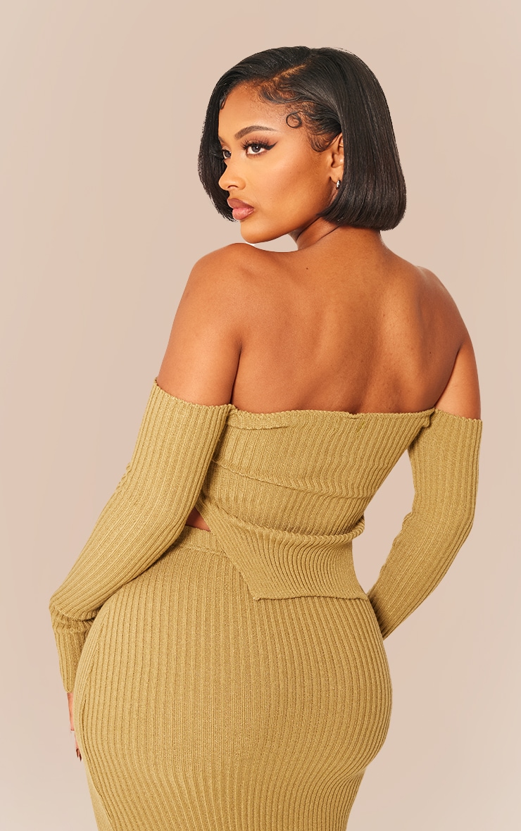 Shape Khaki Knit Bardot Split Side Detail Top image 2