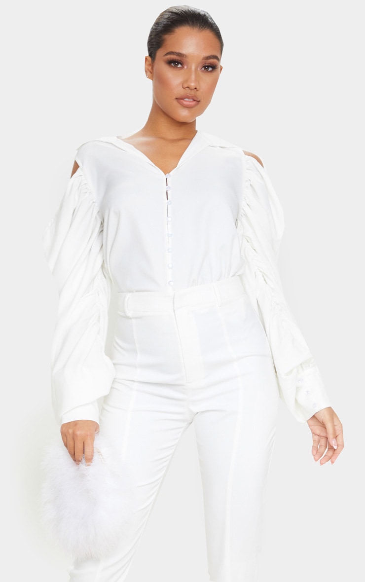 White Woven Cold Shoulder Extreme Sleeve Shirt