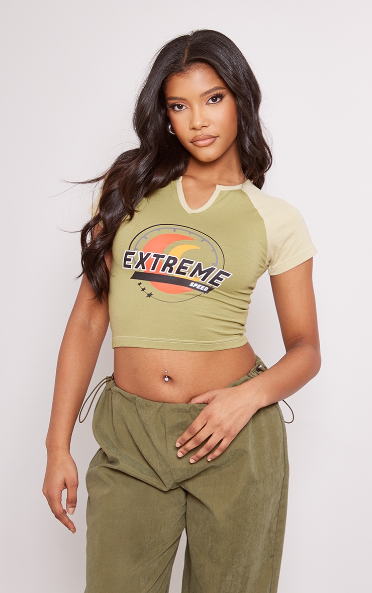 Khaki Extreme Printed Fitted Crop T Shirt image 3