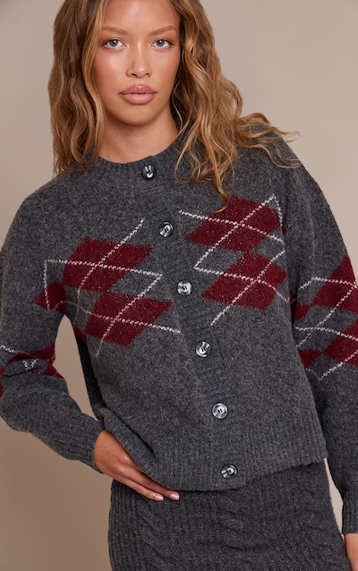 Grey Argyle Button Through Cardigan