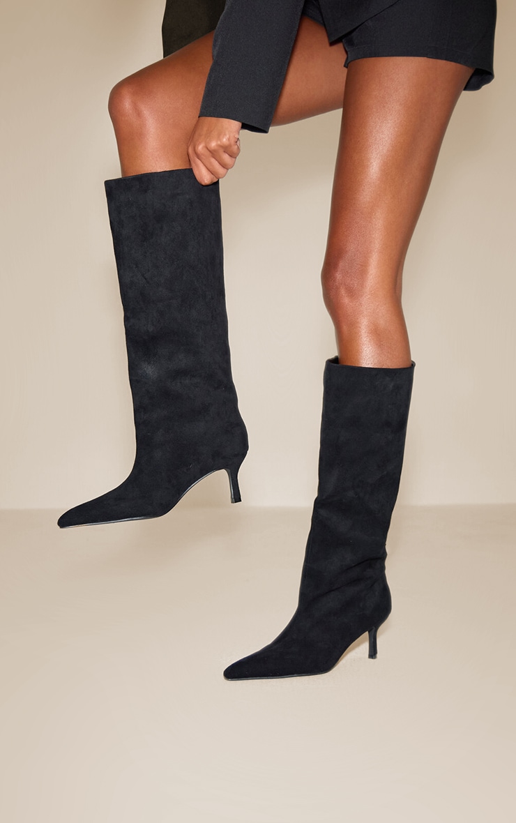 Black Faux Suede Snipped Toe Low Heel Knee Boots image 2