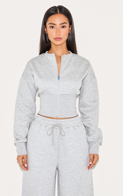 Petite Grey Marl Elasticated Hem Zip Up Sweatshirt