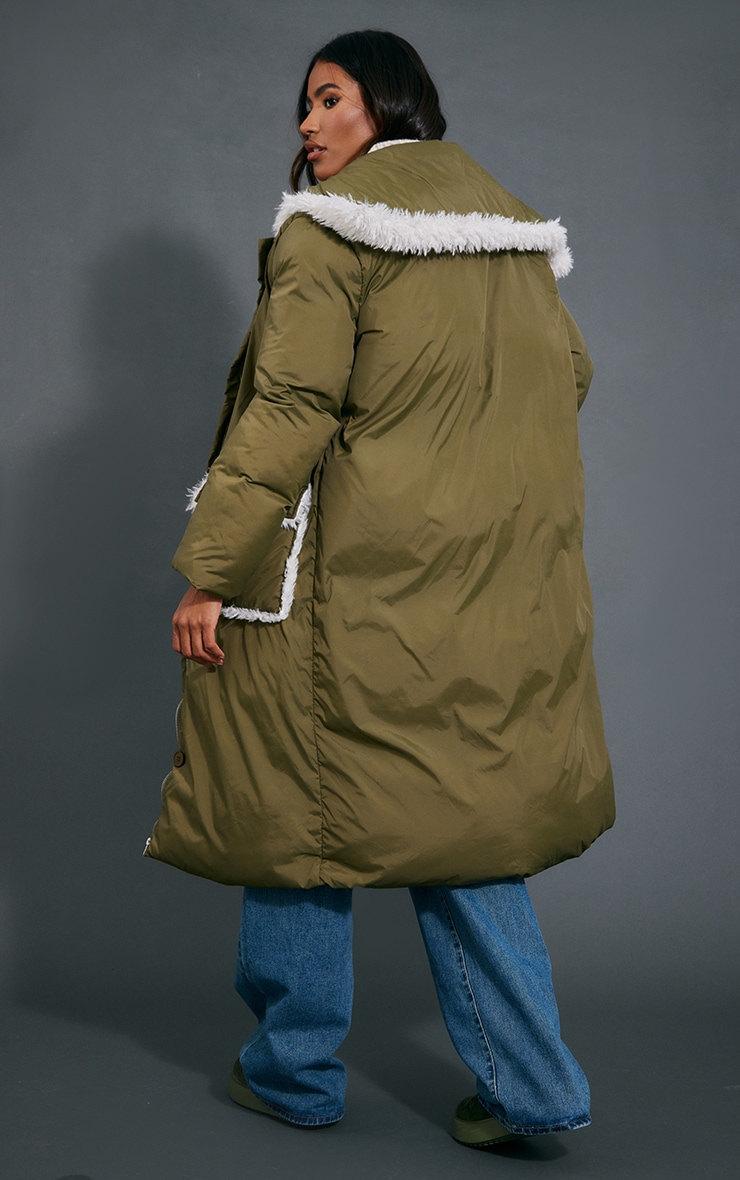 Khaki Contrast Panel Borg Pocket Longline Puffer image 2