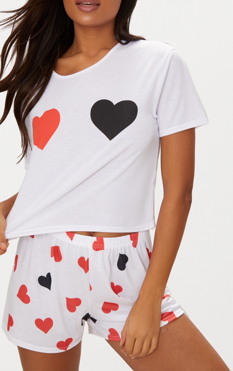 White Heart Print Short PJ Set image 5