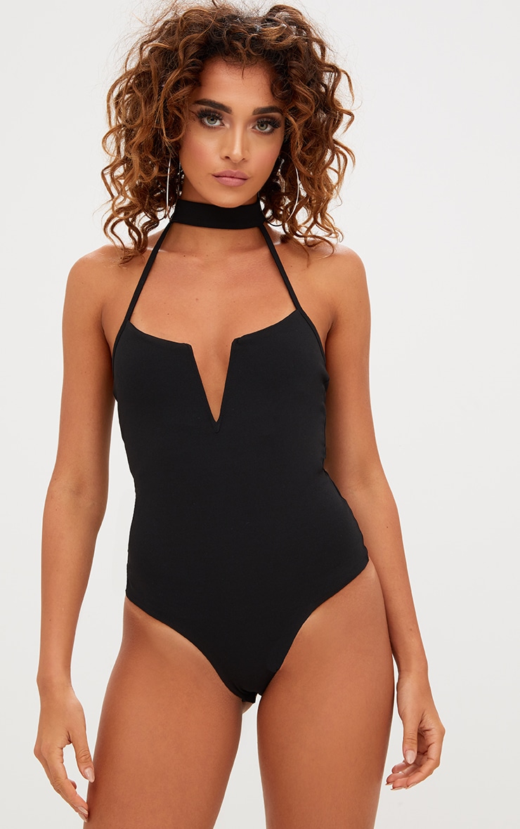 Black V Plunge Choker Detail Thong Bodysuit ...