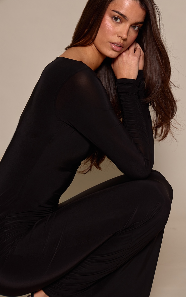 Black Double Layer Slinky Long Sleeve Maxi Dress image 4
