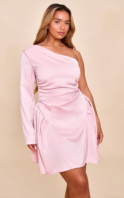 Shape Pink Satin Ruched One Shoulder Skater Mini Dress