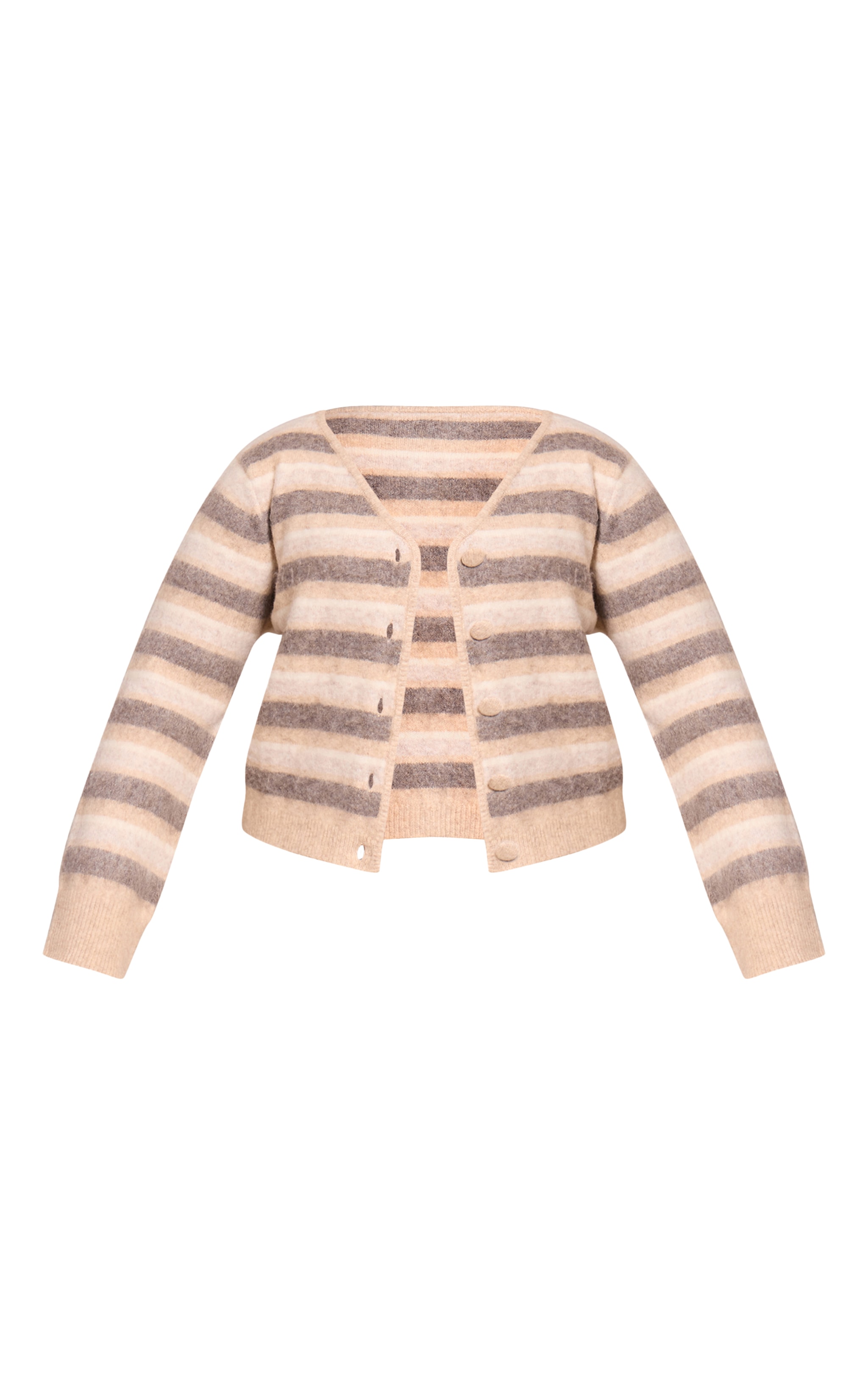 Plus Beige Striped Brushed V Neck Covered Button Knitted Cardigan image 5