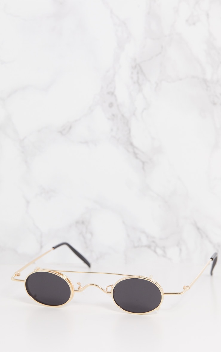 Gold Frame Black Lens Small Oval Flip Sunglasses PrettyLittleThing USA