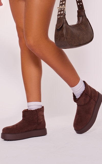 Chocolate Faux Suede Round Toe Thick Flat Sole Ankle Boots
