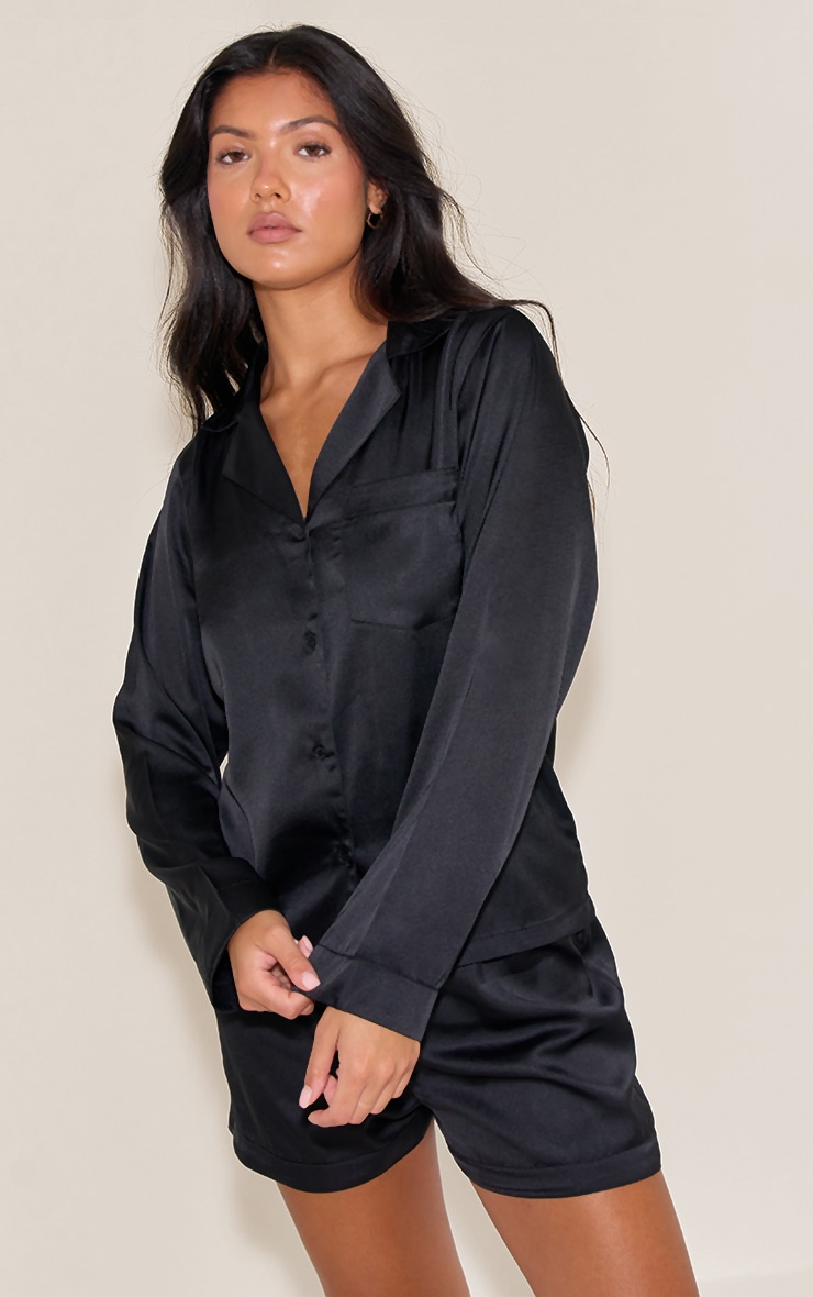 Black Satin Long Sleeve Short Pj Set image 1
