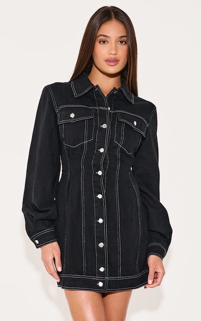 Robe moulante en jean indigo à boutons et coutures contrastantes