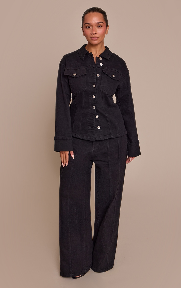 Shape black Stretch Denim High waisted Adjustable Button Wide Leg Jeans