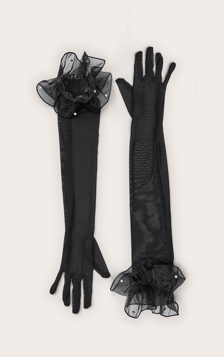 Black Mesh Pearl Frill Trim Long Gloves image 2